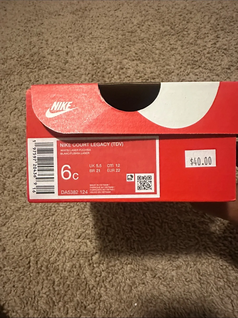 Nike Red and White Shoe Box with Size Label